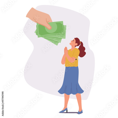 Hand Offering Money To A Woman Symbolizing Financial Control And Manipulation, Cartoon People Vector Illustration