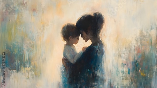 Soft pastel painting of mother and child gently embracing, evoking tenderness, love, and emotional warmth