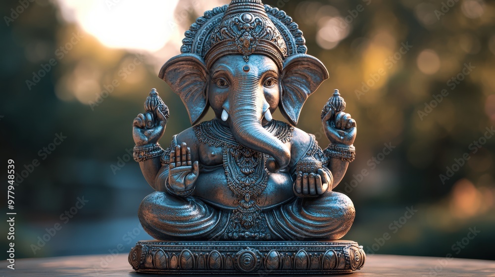 Detailed silver Ganesh idol with intricate craftsmanship on gray background Detailed silver Ganesh idol with intricate craftsmanship on gray background