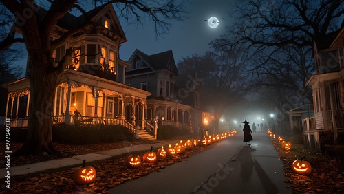 Eine schwach beleuchtete, mondbeschienene Straße in der Halloween-Nacht photo