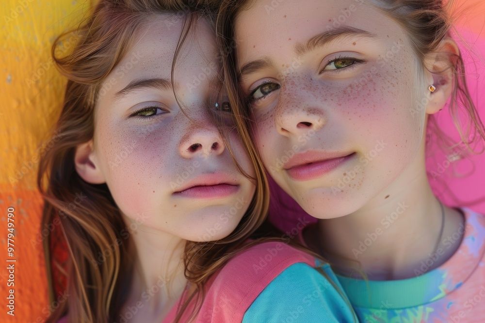 Two teenage girls standing side by side, possibly friends or siblings Two teenage girls standing side by side, possibly friends or siblings