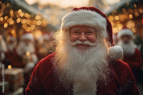 A cheerful Santa Claus is seen smiling warmly while holding a wrapped Christmas present. photo