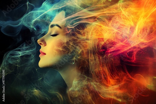 Abstract Woman Surrounded by Colorful Smoke