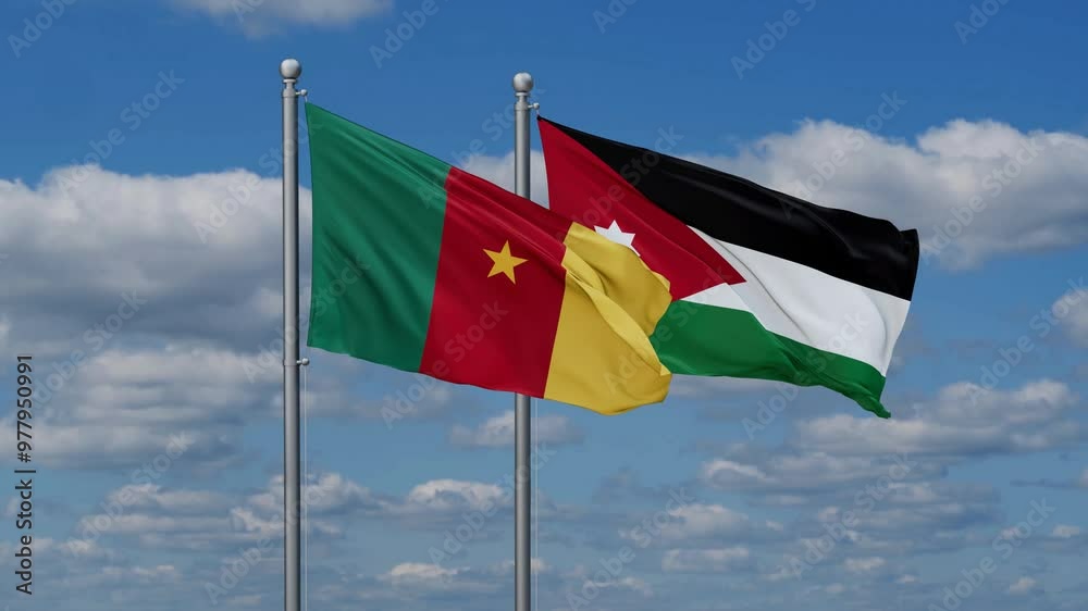 Jordan and Cameroon flags flying together, video concept of the relationship, two country relations concept Jordan and Cameroon flags flying together, video concept of the relationship, two country relations concept