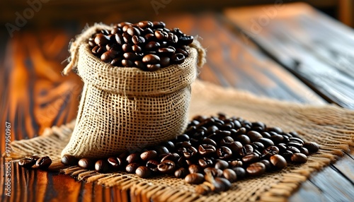 Cozy rustic scene of burlap sack overflowing with fresh coffee beans on wooden table, enhancing warm textures and inviting aromas for delightful decor photo