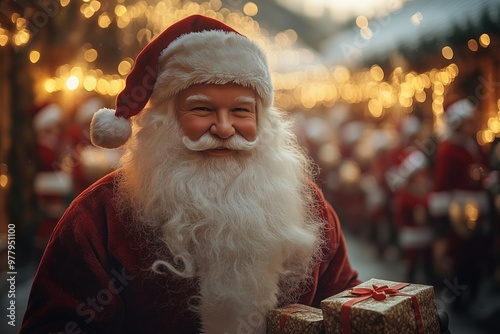 A cheerful Santa Claus is seen smiling warmly while holding a wrapped Christmas present. photo