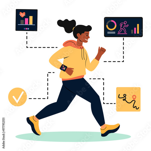 A young woman jogs while tracking her fitness progress with a smartwatch and health data displays