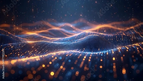  Glowing lights create an abstract digital wave background, symbolizing data analysis and connections in a virtual environment, Generative AI.