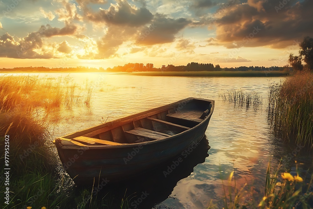 Fototapeta premium Rowboat on a lake at sunset with golden light reflecting on the water. Calm, tranquil scene of nature.