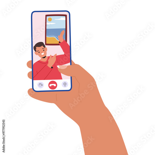 Person Holding Smartphone Engaged In Video Call With Smiling Friend. Cheerful Communication Via Modern Technology