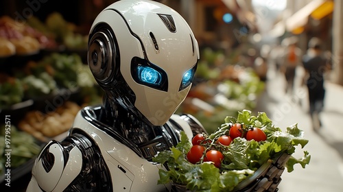 Futuristic food service offering catering services robotic chefs prepare serve gourmet meals tailored event's theme creating seamless innovative dining experience depicted a dynamic futuristic design photo