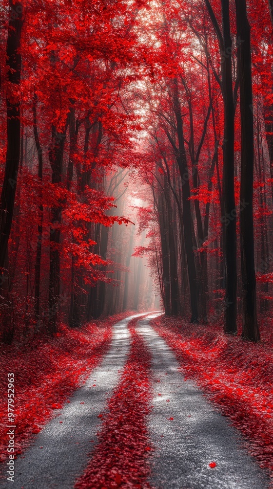 Fototapeta premium Serene road lined with red maple trees in autumn