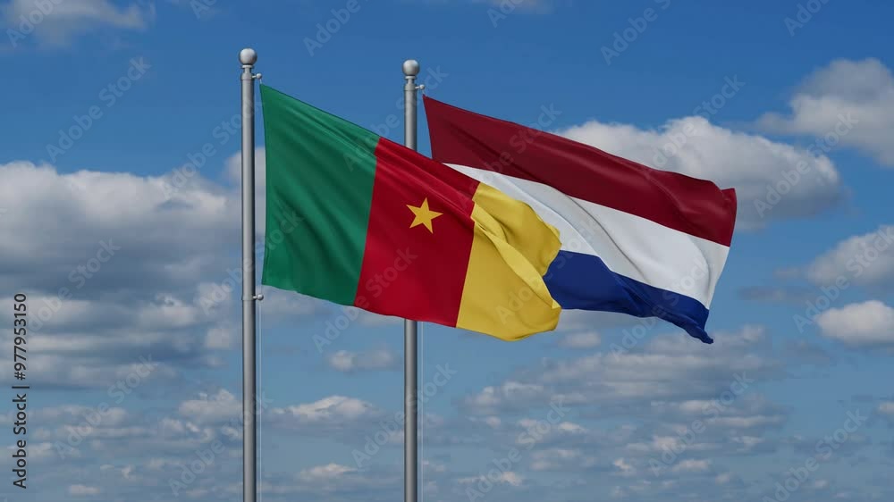 Netherlands and Cameroon flags flying together, video concept of the relationship, two country relations concept Netherlands and Cameroon flags flying together, video concept of the relationship, two country relations concept