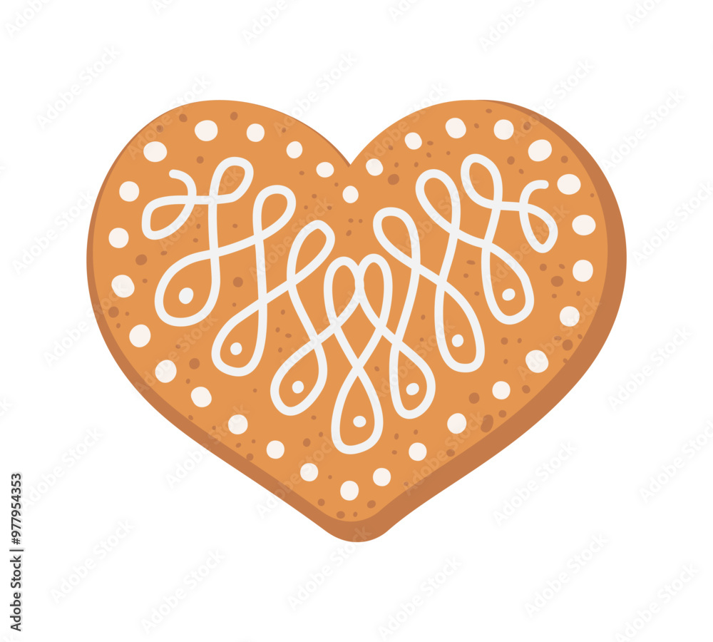 Gingerbread Heart shaped Cookie with decorative sweet glaze and icing. Vector flat illustration design isolated on white background. Traditional Christmas holiday cookies.. Homemade ginger baking