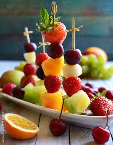 Fototapeta Naklejka Na Ścianę i Meble -  Juicy fruit skewers with depth of field showcasing a variety of fresh fruits and vibrant colors