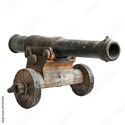 Old ship cannon is standing on a white background photo