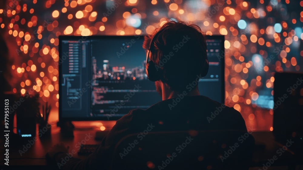 Programmer working at a computer with bokeh lights in the background Programmer working at a computer with bokeh lights in the background