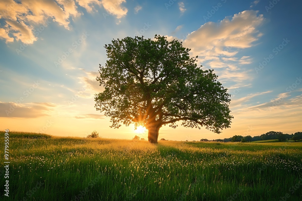 Fototapeta premium Silhouette of a Tree at Sunset in a Field