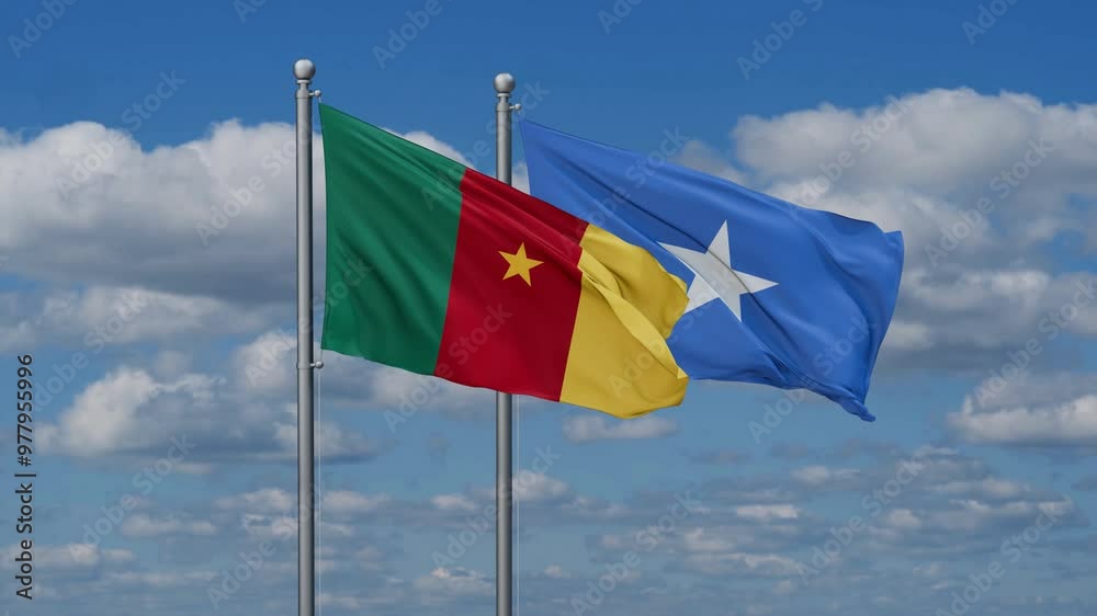 Somalia and Cameroon flags flying together, video concept of the relationship, two country cooperation concept Somalia and Cameroon flags flying together, video concept of the relationship, two country cooperation concept