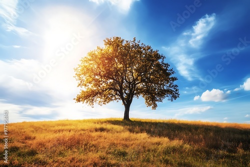 Single tree on a hill with blue sky and white clouds during a sunny day