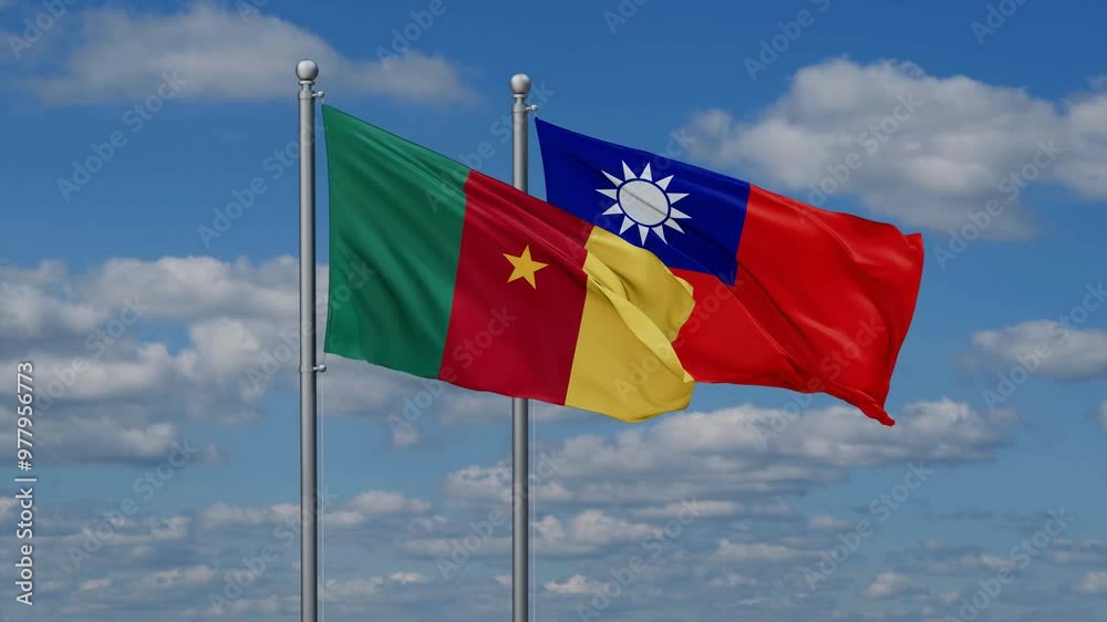 Taiwan and Cameroon flags flying together, video concept of the relationship, two country cooperation concept Taiwan and Cameroon flags flying together, video concept of the relationship, two country cooperation concept
