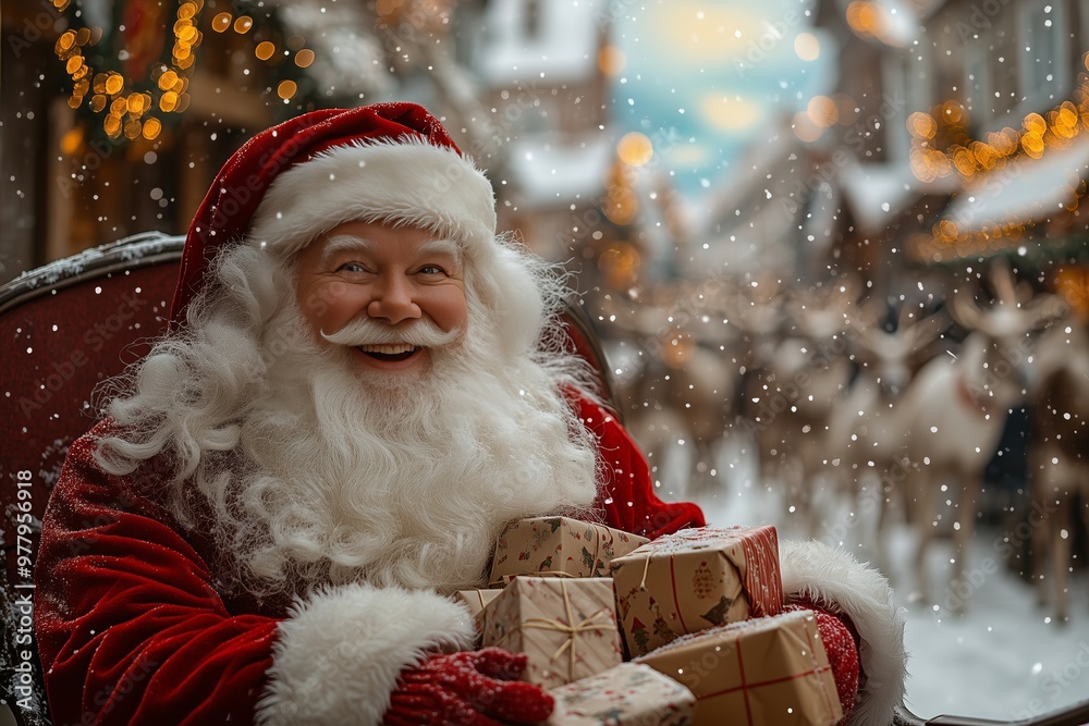 A joyful Santa Claus dressed in his iconic red suit holds a beautifully wrapped gift box adorned with a red ribbon. A joyful Santa Claus dressed in his iconic red suit holds a beautifully wrapped gift box adorned with a red ribbon.
