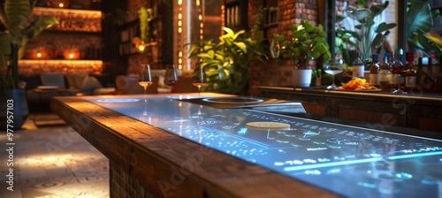 Futuristic food service redefining beverage pairing holographic menu offer realtime pairing suggestion based diner's preference dish's ingredient ensuring perfect match every time depicted innovative