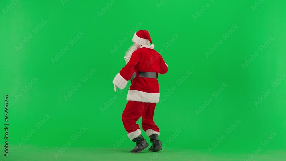 Portrait of man dressed as Santa on chroma key green screen background. Santa Claus in red outfit dancing funny eastern dance with hand waves. Portrait of man dressed as Santa on chroma key green screen background. Santa Claus in red outfit dancing funny eastern dance with hand waves.