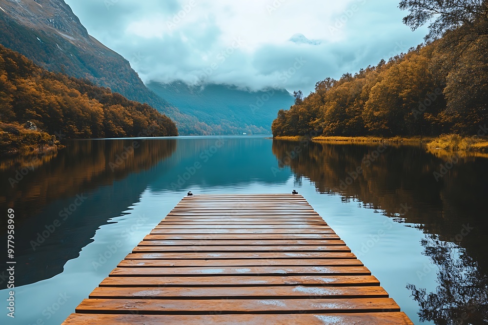 Wooden dock extending into calm lake water with mountains and forest in the background Wooden dock extending into calm lake water with mountains and forest in the background
