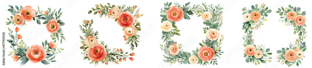 Floral wreaths composed of peach roses and greenery for decoration transparent background Floral wreaths composed of peach roses and greenery for decoration transparent background