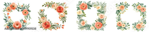 Floral wreaths composed of peach roses and greenery for decoration transparent background