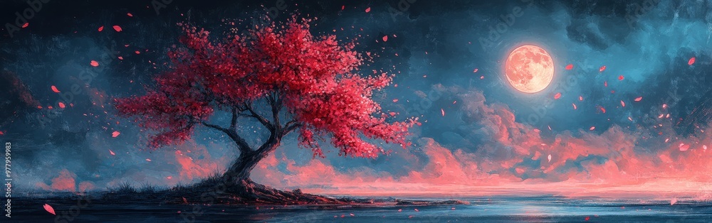 Watercolor Full Moon with Tree Branches Creating a Dreamy Landscape Watercolor Full Moon with Tree Branches Creating a Dreamy Landscape