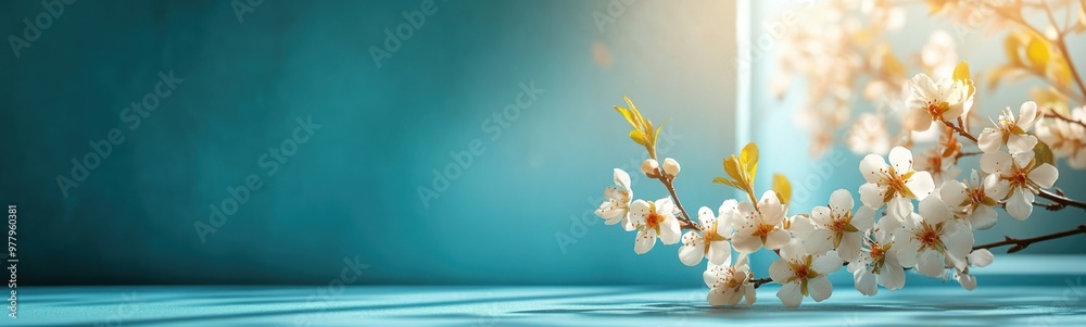 Vase with flowers on a table with a blue background