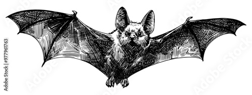 bat in flight isolated hand drawn sketch card design element line art detailed nocturnal chiroptera animal vector illustration