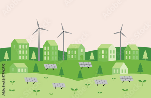  Ecology of the city. Renewable energy sources - solar panels and wind turbines. Vector illustration.