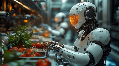 Illustrating futuristic culinary excellence where food service revolutionized AIenhanced robotic chef prepare molecularly precise dish pushing boundary of flavor creativity luxurious techdriven photo