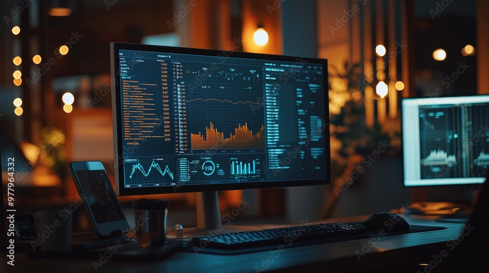 Modern trading workstation with multiple monitors displaying stock market data Modern trading workstation with multiple monitors displaying stock market data