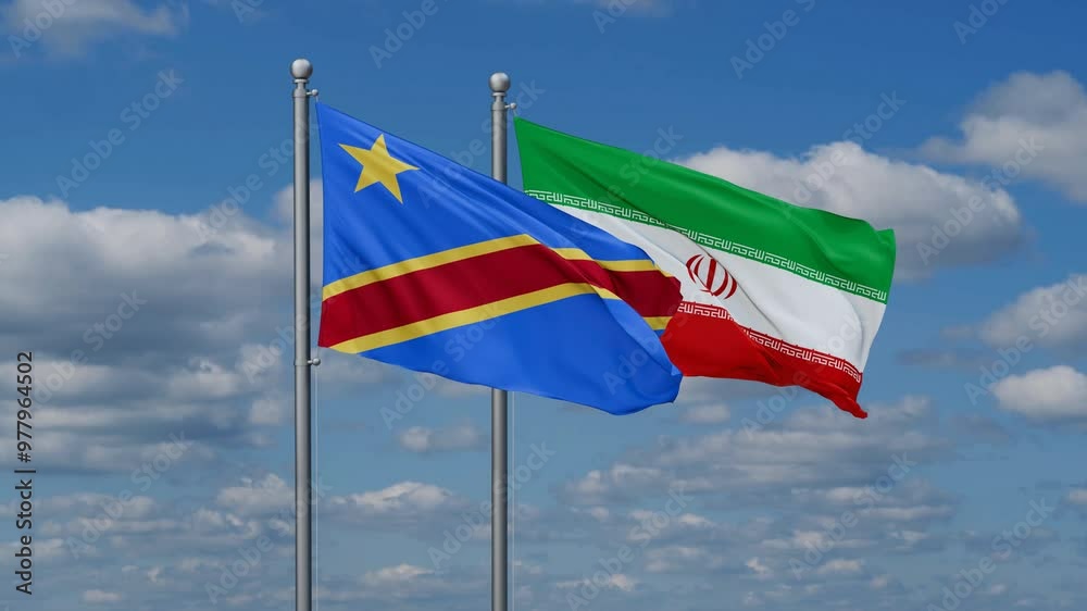 Iran and Democratic Republic of the Congo two flags waving together on blue , video concept of the relationship Iran and Democratic Republic of the Congo two flags waving together on blue , video concept of the relationship
