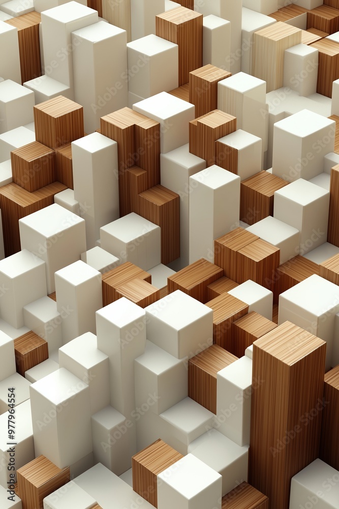 Abstract geometric arrangement of chocolate-colored blocks and white cubes in a modern, symmetrical layout