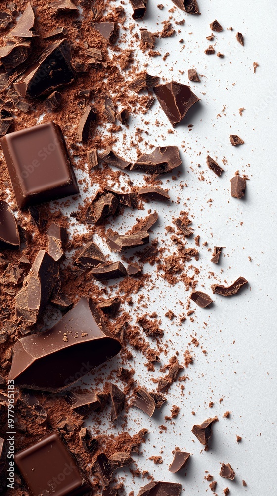 Fototapeta premium Abstract background featuring scattered chocolate flakes and pieces on a white surface