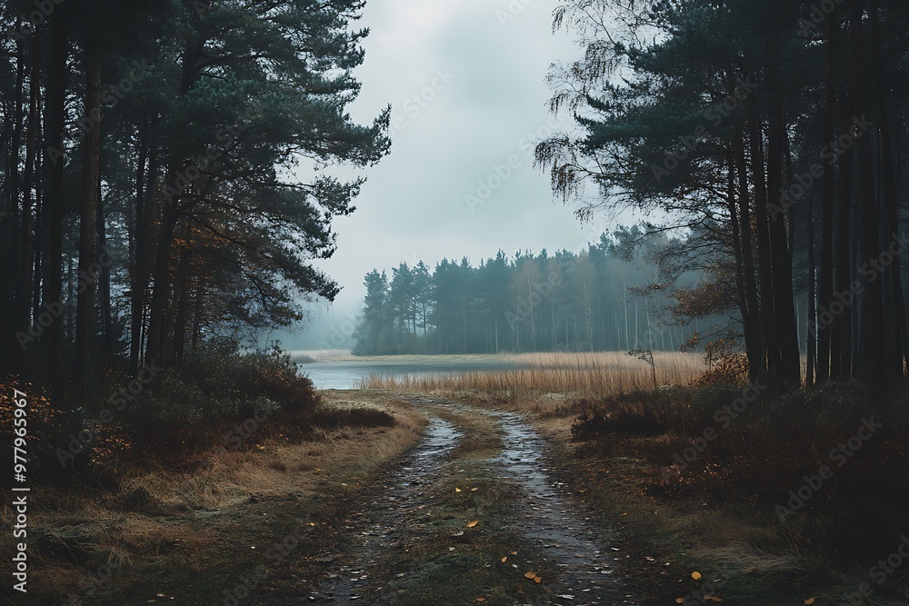 Obraz premium Misty forest path leading to a lake with tall pine trees and a foggy atmosphere