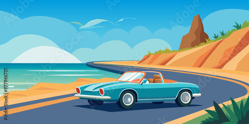 A vintage convertible car driving along a scenic coastal road with a beautiful blue sky and ocean view, perfect for travel, vacation, and road trip themed designs.