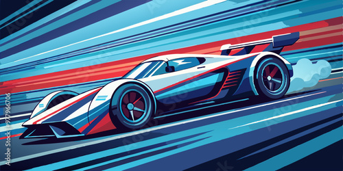 A dynamic illustration of a race car speeding along a track, capturing the thrill of competition and the blur of speed. The vibrant colors and bold lines create a sense of motion and energy.