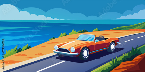 A classic convertible car drives along a scenic coastal road, offering a picturesque view of the ocean and the horizon. The sunny day and the open road create a feeling of freedom and adventure.