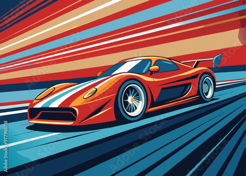 A vibrant illustration of a red sports car speeding down a racetrack, with colorful lines creating a sense of motion and speed. Perfect for automotive projects, racing themes.
