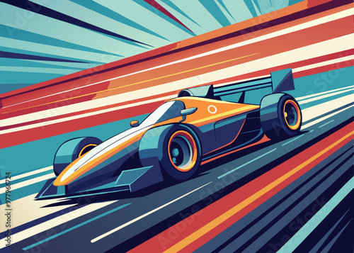 A dynamic illustration of a Formula 1 race car speeding down the track, with a vibrant color palette and bold lines that capture the thrill of the sport.