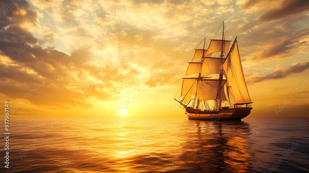 Fototapeta premium Tall ship with full sails gliding through calm seas at sunset with golden light