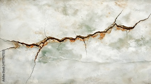 A close-up of a large crack in a concrete wall, showcasing earthquake damage in a minimalistic industrial setting