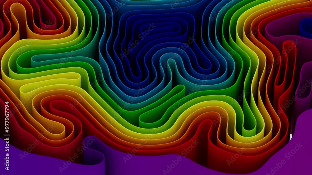 Abstract simple background with rubber band in rainbow colours, wavy live wallpaper. 3D render. 4k abstract animation