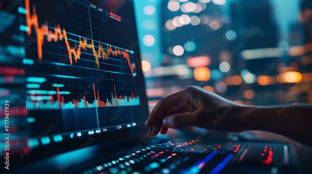 Hand adjusting stock market data on a laptop at night Hand adjusting stock market data on a laptop at night